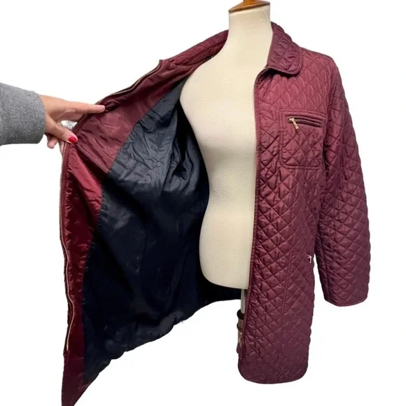 Hobbs London Burgundy Quilted Zip Front Hip Length Coat Women’s US 14 - Picture 9 of 14